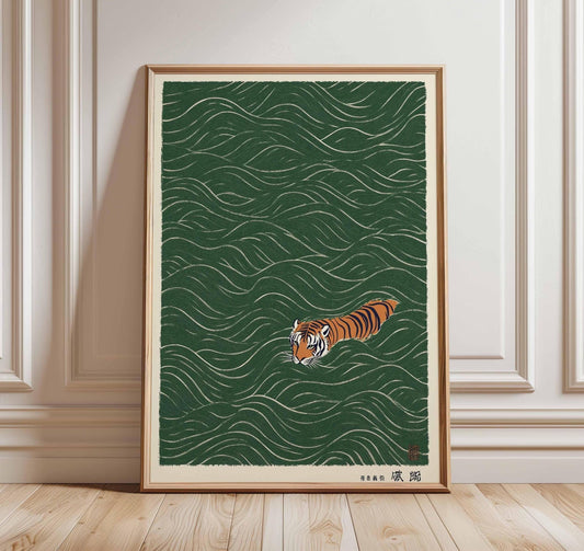 Tiger Swimming Canvas Wall Art, Vintage Ukiyo-e Style Print, Asian Animal Decor